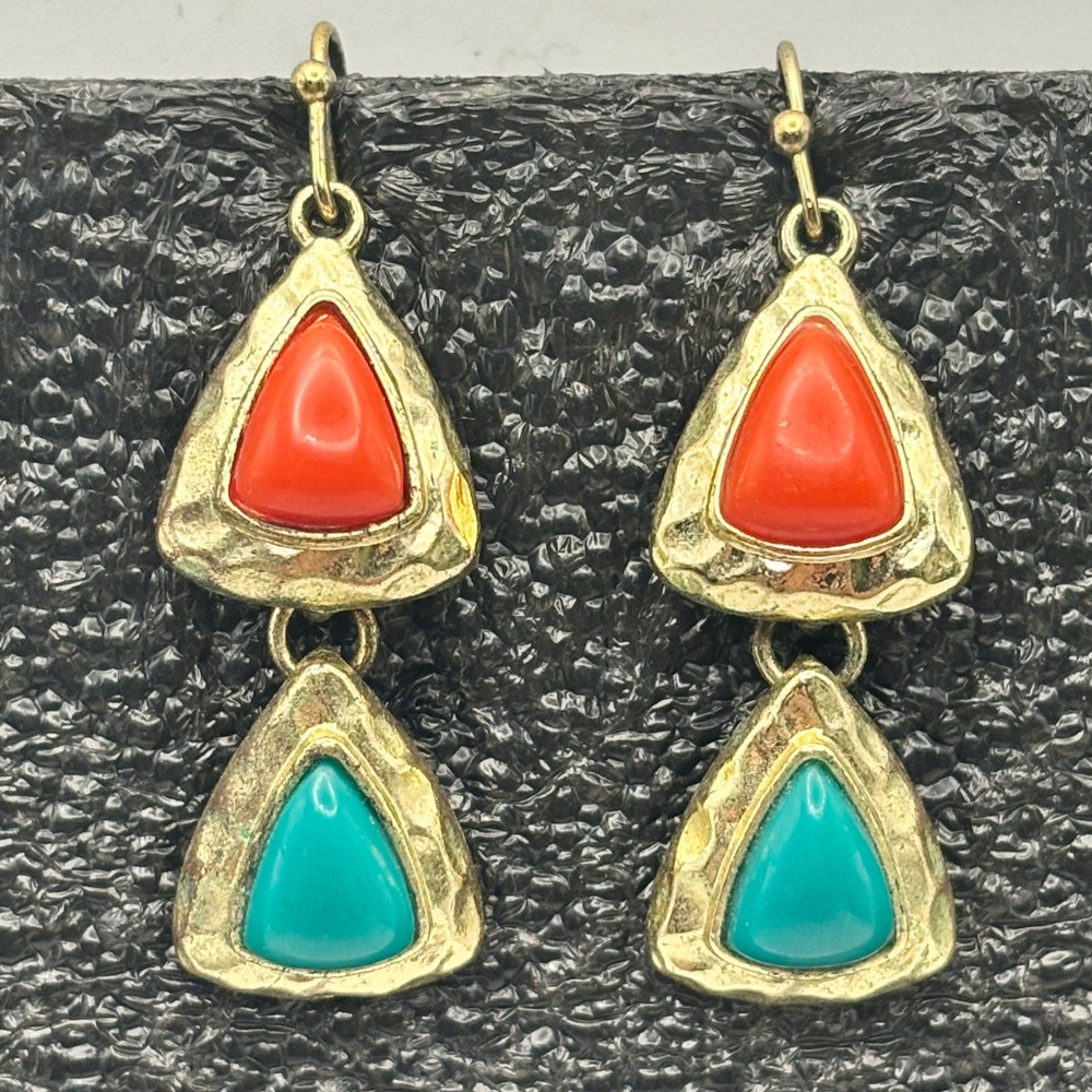 Vintage Gold Tone Triangle Drop‎ Earrings Red Turquoise Southwestern Boho